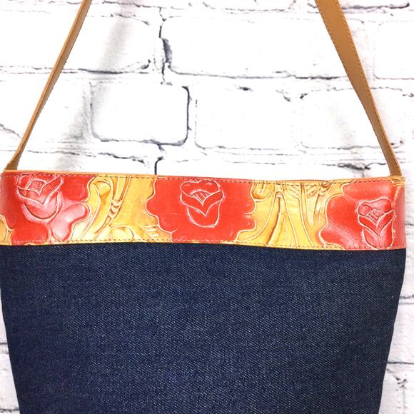Berge Embossed Rose Leather Dark Wash Blue Denim Single Handle Bucket Handbag - Picture 3 of 16